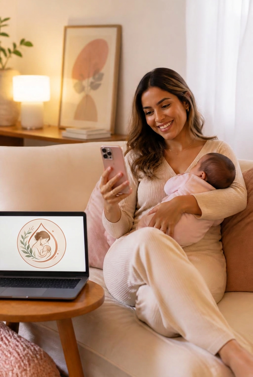 Mãe feliz com o bebê no colo assistindo às videoaulas do Amamenta+ no celular, com notebook ao lado